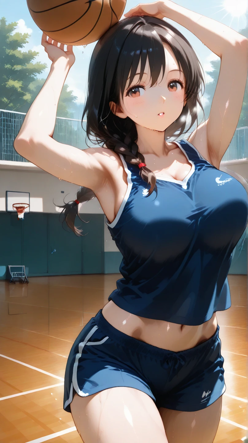 (masterpiece), (highest quality), (Very detailed), At the basketball venue, 1girl, blush, ((Lifting the basketball uniform:1.5)), Happy, View here, Big Hair, Brown Hair, shy,((slender)) ,anxiety, blush, smile, the body is slim,(Shiny skin), from the front, From above,Long wet ears, ((topless:1.5)),(Sit with your legs apart)、(Raise your knees、Bend your legs)、Full body photo、(Focus on the groin)、Exposing thighs、Keep your buttocks on the floor、(white thong:1.2),
