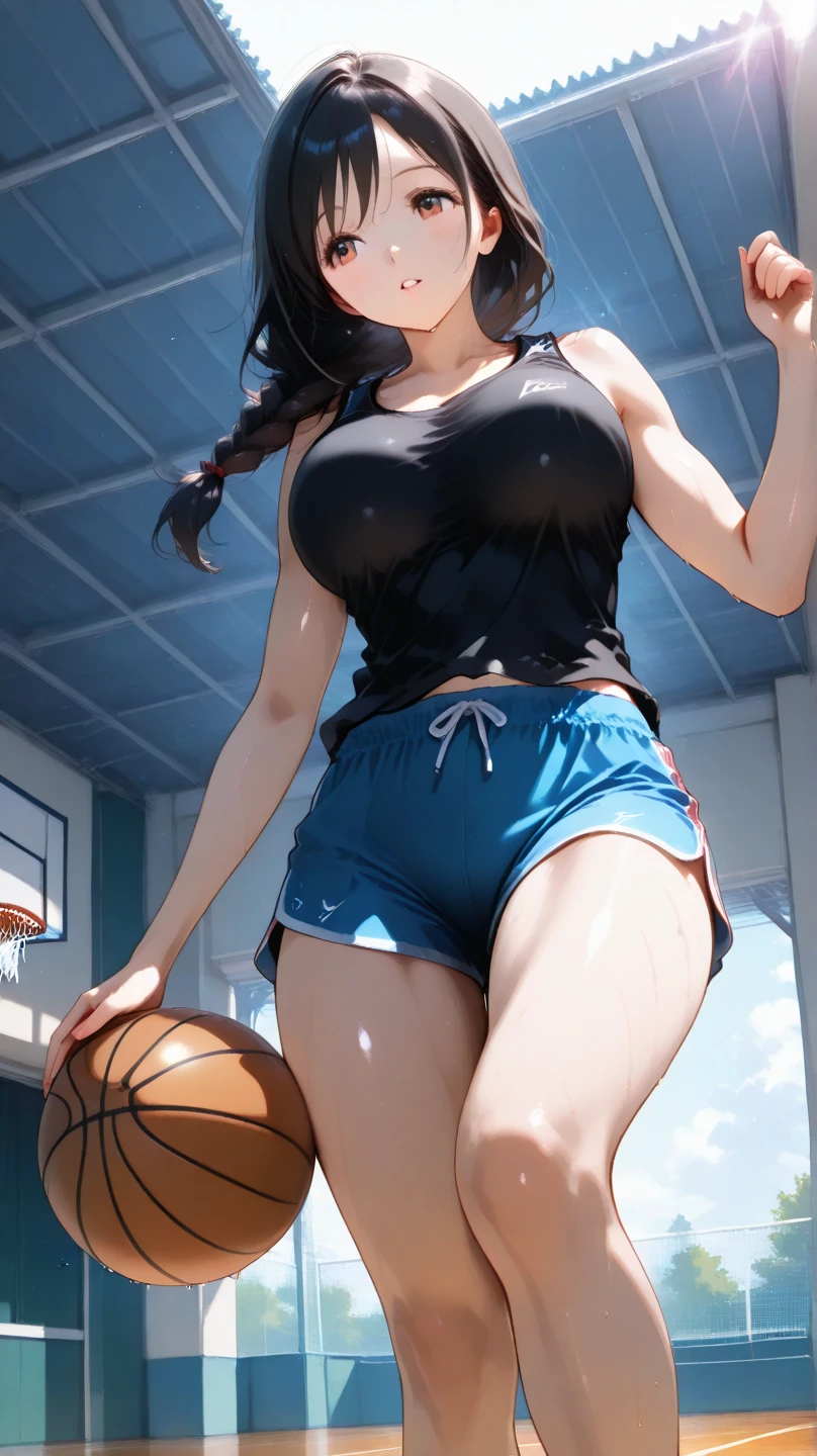 Highest quality、High resolution、Detailed Background、Beautiful Face、High detail、(Perfect Anatomy, Perfect Style)、(Detailed facial expressions)、(fine grain:1.2)、Teenage Beauty、(very wide shot:1.5, full body:1.4), One Girl、, Cute black hair、Braided Bob, Braided, clear, deep blue eyes、Braided Ponytail, Braided bob cut, Basketball game in the gym, jumping:1.5, dunking:1.5, brake, Incredible jumping ability:1.5, Suspended in the air in a shooting position:1.5, Incredible jumping power and long flight times, ((aerial view:1.5, shoot from behind:1.5, looking away)), (Bright red basketball uniform:1.5, White Line、Same color above and below, No sleeve:1.5, Shorts, High-cut basketball shoes)、(armpit:1.2), ((large breasts:1.2, pointy breasts:1.2, high breasts:1.2)), Throw a basketball held above your head into the top of the goal, Dunk Shot、The goal ring is 3m above the ground.