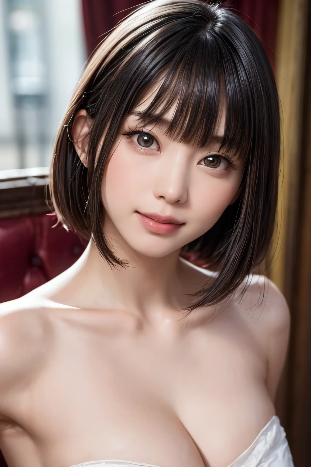 smile,((NSFW)),(Best Quality:1.2), Female dog,(Female organ:1.1),8k, Raw photo, Beautiful sexual woman, Cute beautiful girl,((Her naked lower body is visible、股間のFemale organが見えている:1.3))、((Small breasts:1.5))、((Short Bob Cut:1.5))、Blue LED light、 Cleavage、White skin、high tech、Ultra-high resolution、Night scene background、Beautiful Face、Professional Lighting、masterpiece、Very detailed and beautiful professional photography、Thighs、Waist、Angle from below