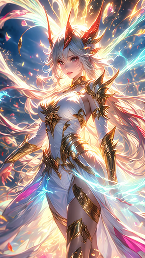 super realistic image, high quality uhd 8K, of (1 god girl, Hilyn), detailed realistic ((athletic body, high detailed)), ((tall model)), (skinny waist), ((beautiful bright blonde long hair)), ((no beard)), high detailed realistic skin, (((powerful and fantastic full armor, divine golden fantasy armor))), (((casting lightning magic spells with great golden fantasy sword))), ((white fur cape)), ((magical hearts of light)), (in guardian position, in the valhalla), real vivid colors, standing