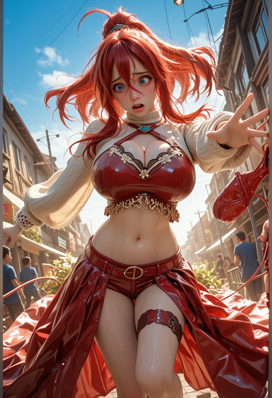 Garota Ruiva de anime em bermuda jeans e corset pink, saia, 16 anos, corpo bonito, seios grandes, com as hands on chest, hands on chest, Garota sexy, red hair with braid, mechas de cabelo laterais, mechas de cabelo na lateral do rosto, beautiful lighting, sombras suaves, olhos azuis, pernas bonitas, hair with braid, estilo anime, Ranma Chan, Autora Rumiko Takahashi, Baseado em obra de Rumiko Takahashi, Anime Ranma 1/ 2, decote sexy, quadril robusto, corpo inteiro, corpo inteiro, busto grande, garota jovem com corpo belo e bonito, sandals on his feet, garota 16 anos jovem baixa estatura, vestindo short jeans e corset pink, garota anime, estilo anime, beautiful feet in sandals, 45° viewing angle, ao ar livre, red hair braid, grande , peito grande