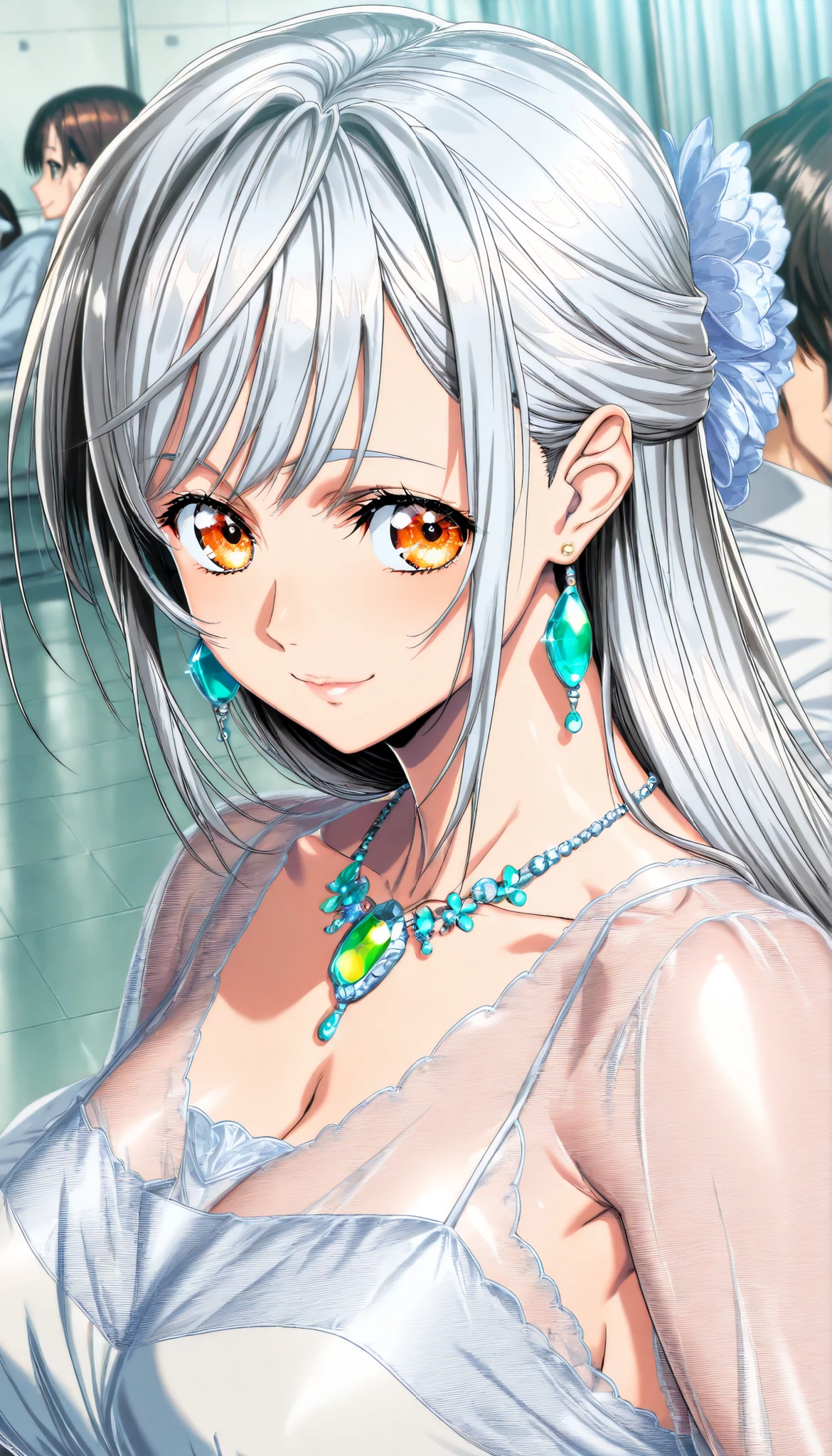 red eyes, (pure white background:1.4),(highest quality, masterpiece絵画:1.3), mature woman, 26 years old, whole body,(No decoration on the neck:1.2)(beautiful neck:1.2),(from head to toe),(Close ~ eyes,Join hands,prayer pose:1.0), (From the side), masterpiece, ultra high resolution, (Photoreal:1.0), bright white hair,straight long hair, beautiful shining hair, white and shining skin, ((Ultra realistic details)), octane rendering, highly detailed face,  (big breasts:1.0),(gorgeous white wedding dress,white Wedding veil,delicate decoration:1.2), open neckline, cleavage, perfect body, soft skin, anime face, perfect face, perfect eyes, looking at the viewer, smart,, Lots of flowers at my feet, outdoors,sharp focus, intricate details, professional artwork, (bright colors:1.1), bright colors, diffused lighting, digital blending, ultra-definition body, ultra detail hair, super detailed face, It&#39;s trending on pixiv,perfect lips, perfect compensate, Ultra-precision coating, (light_smile:0.8), (Very embarrassed:1.2),A glossy look,