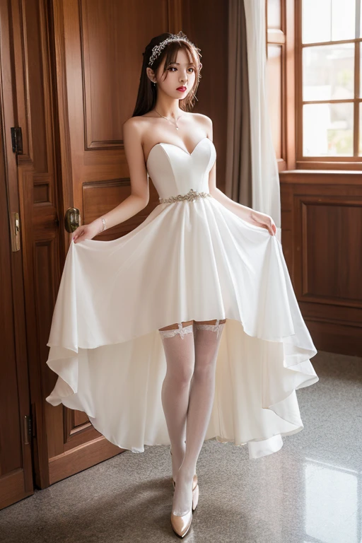 Create an ultra-photorealistic image of a stunning Ukrainian woman in a daring, modern, and elegant wedding gown. The gown features a short skirt in the front, highlighting her perfect legs and is made of glittery ruffle fabric. Capture a full-body shot of her in the hotel lobby, with a mirror in the background, reflecting her beauty. Utilize a DSLR camera to craft a masterpiece that exudes award-winning quality, emphasizing the woman's allure and the gown's intricate details