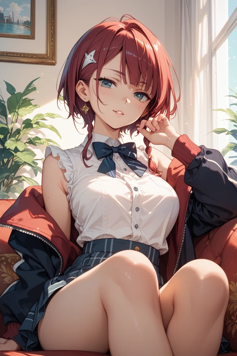 Masterpiece to the smallest detail、top-quality、girl with、17 age、独奏、Looks like 12 years old、150cm petite beautiful girl、small tits、a baby face、red hairs、Gradient bob in the forward、Pink and violet mesh、red eyes、Red eyes、Tall, big eyes、Outstanding looks、A lovely child、proximity、closed_mouth、a smile、red blush、full of shyness、blue headwear、Hats、pink bowtie、校服、 Blue jacket、jaket、skirt by the、Gray skirt shirt、white  shirt、an legs、Black socks、sitting on、‎Classroom、hair_ornament、looking_at_viewer、beatiful detailed eyes、Akame、panties on、lift up one's skirt、Professional effects、