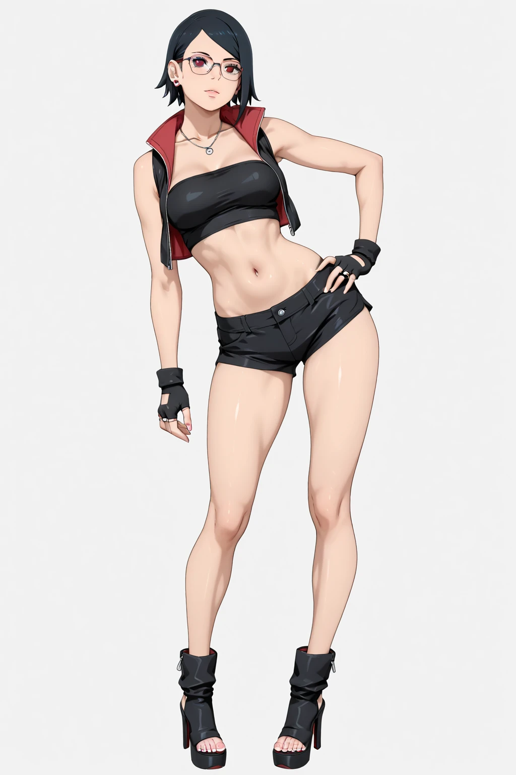Cartoon of a woman in a bikini top and shorts with a purse, of frontline girls, front line style girls, fine details. front line girls, thigh focus, seductive anime girl, revealing outfit, moody scene noire, ecchi anime style, cell shaded adult animation, SFW Version, (sfw) safe for work, Varied positions, big breasts, black hair