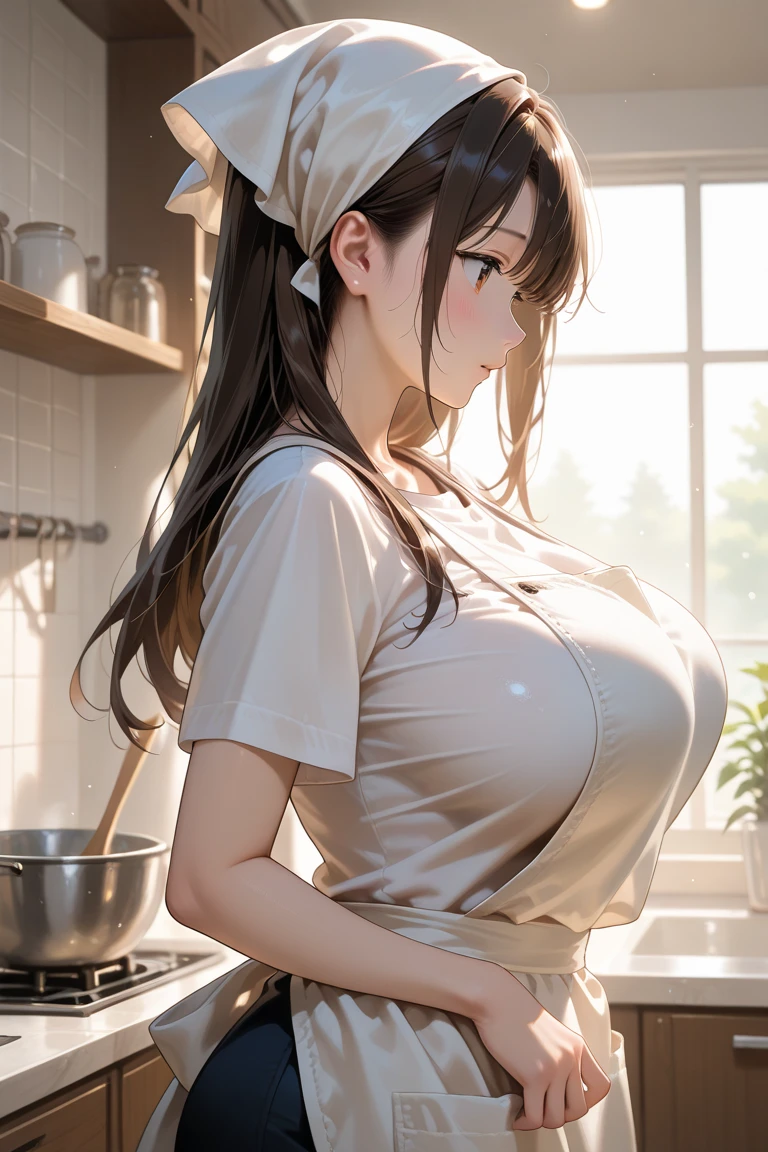 High detailed, 4k, Masterpiece, Cinematic Lighting, indirect lighting, evening mood, bedroom, one voluptuous woman with a , fully clothed, little cleavage, kitchen apron, stick her butt out, pure passion, pure desire, , , sweaty skin, nsfw, braid, depth of field