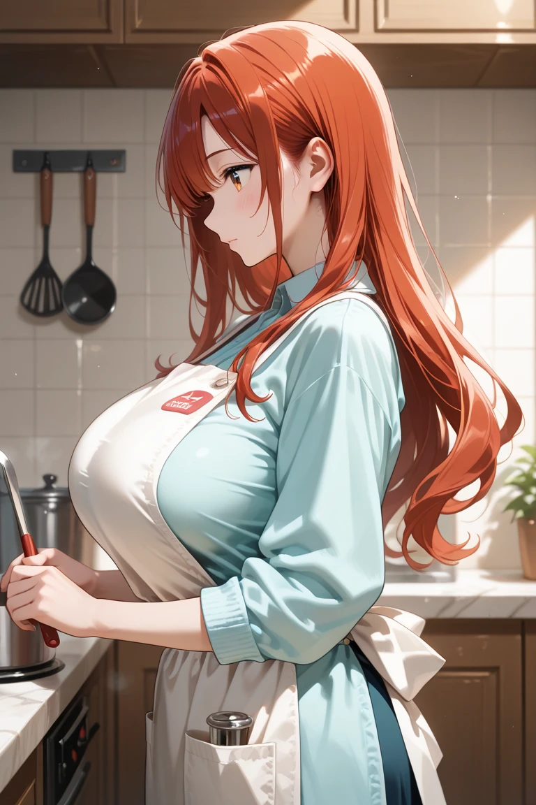 8K, RAW, Warm tones, warm lighting, warm color, long red hair, side view, wearing oversized mens button up shirt and cute underwear, she has small size breasts and cleavage, cooking in a cozy kitchen, food is cooking in pots and pans and steaming, Behind her is the kitchen sink and counter. Dynamic Styles, smile standing at the stove