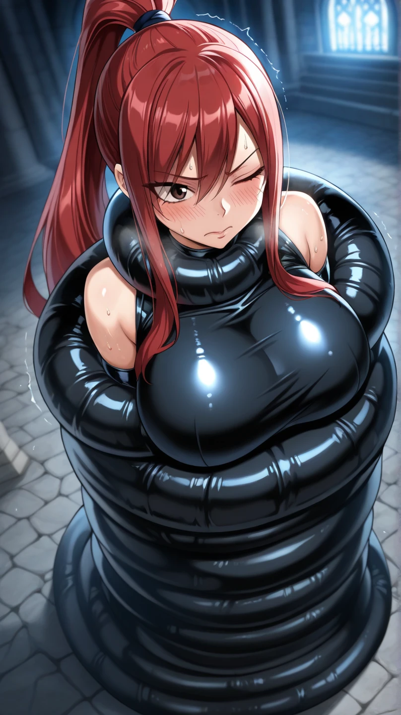 masterpiece, 1 girl, alone,1 teenager, Shortcuts, , Yoshizawa Kasumi (Persona) Big Breasts, Mature Woman,Sharp eyes, Red hair、Lilac eyes, Empty Eyes LoRA / Hollow / Hypnotic suggestion,ハイレグleotard,leotard, Pose standing thigh sex,Thick thighs, Hypnotic Pendulum,Hypnotic state,Hypnotic stateの目,squint,Open your mouth wide and vertically,ah、I agree,Sweaty,Stuffy stuffiness,全身Sweaty,White off-the-shoulder sweater,You can see the valley,Stuffy stuffiness,Steamed, (Huge breasts:1.4), Putting on a collar,Fishnet tights,Heart Nipple Stickers, Tape Gag / tape bondage