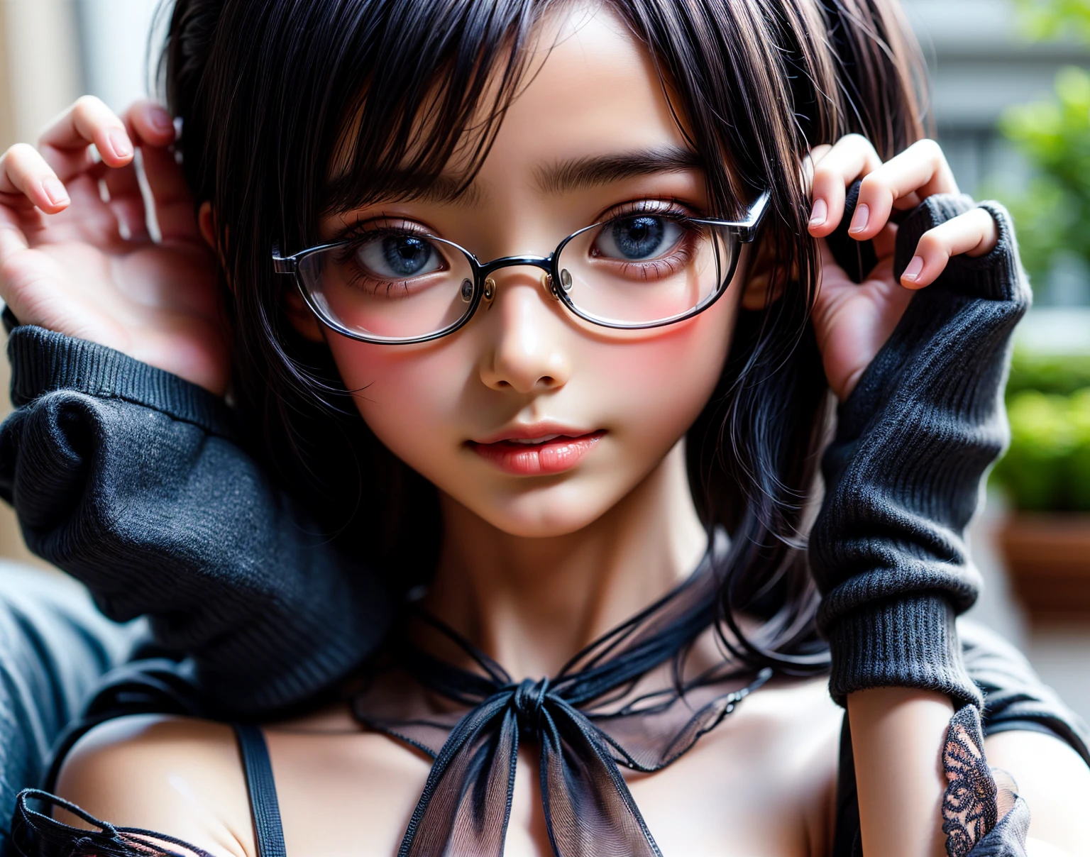 8K、cute、Adult Girls、detailed、black eye、Black Hair、sexy、Random Pause、Random hairstyle、reflected light, Chiaroscuro, Written boundary depth, Cinema Lighting, Ray Tracing, Sony FE GM, Ultra-high resolution, 超detailed, masterpiece, Textured skin, Attention to detail, Highest quality, Awards,Bitch、Huge breasts、Too big、Saggy breasts、whole body、Glasses