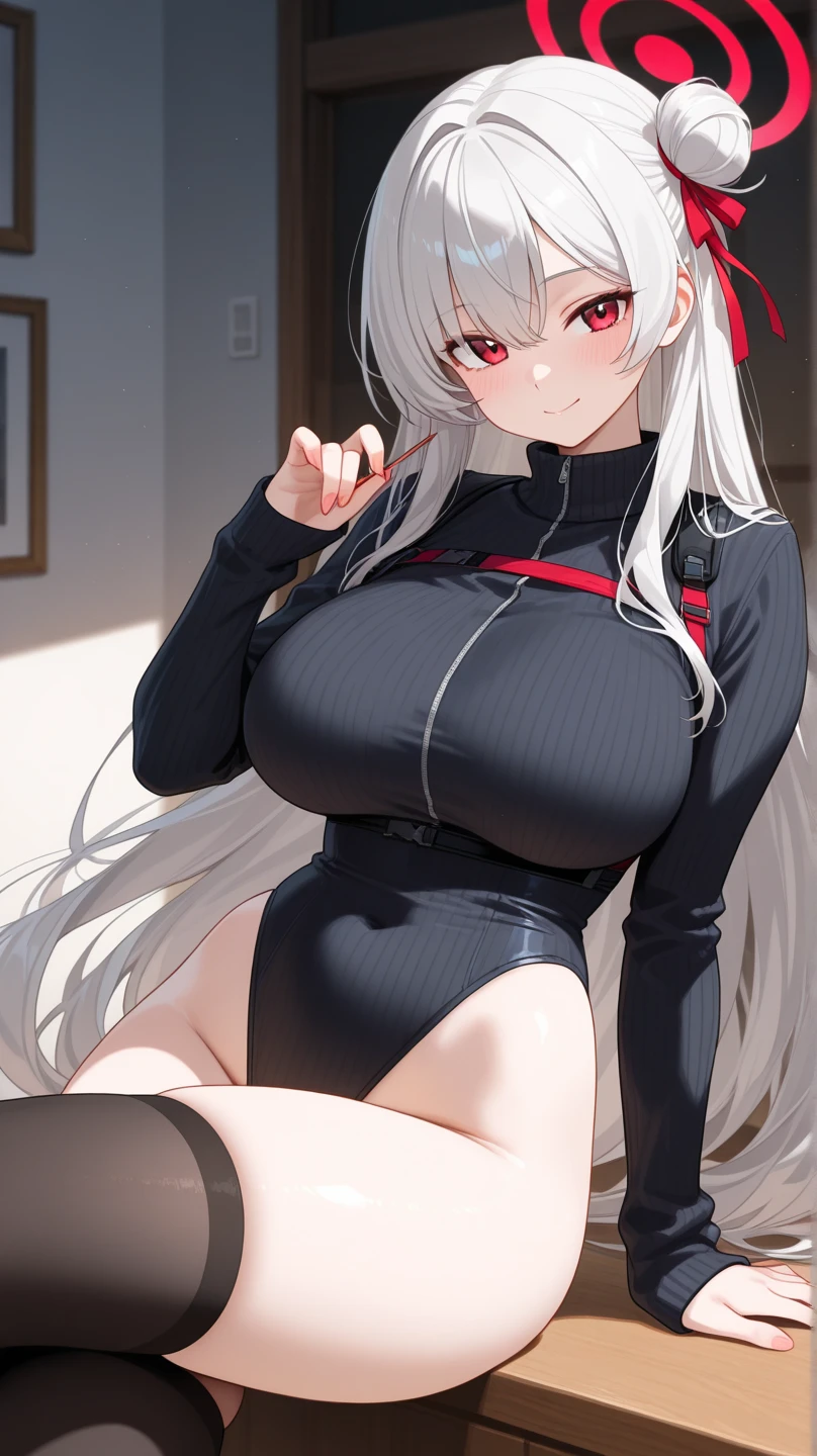 1girl, white hair, long hair, red eyes, serious, glowing eyes, large breasts, thick thighs, mature female, athletic female, toned, one-piece swimsuit, competition swimsuit, long sleeves, sleeves, gloves, black one-piece swimsuit