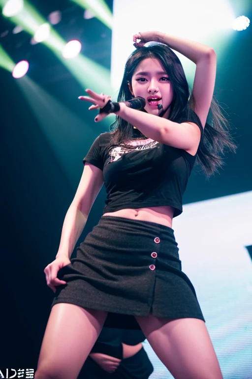 high-level image quality、hight resolution、11years old  girl、、japanes、a beauty girl、Idol singer、sing at stage、Obscene costumes、a miniskirt、The skirt is very short、Panties are visible、Delighted、Five fingers


