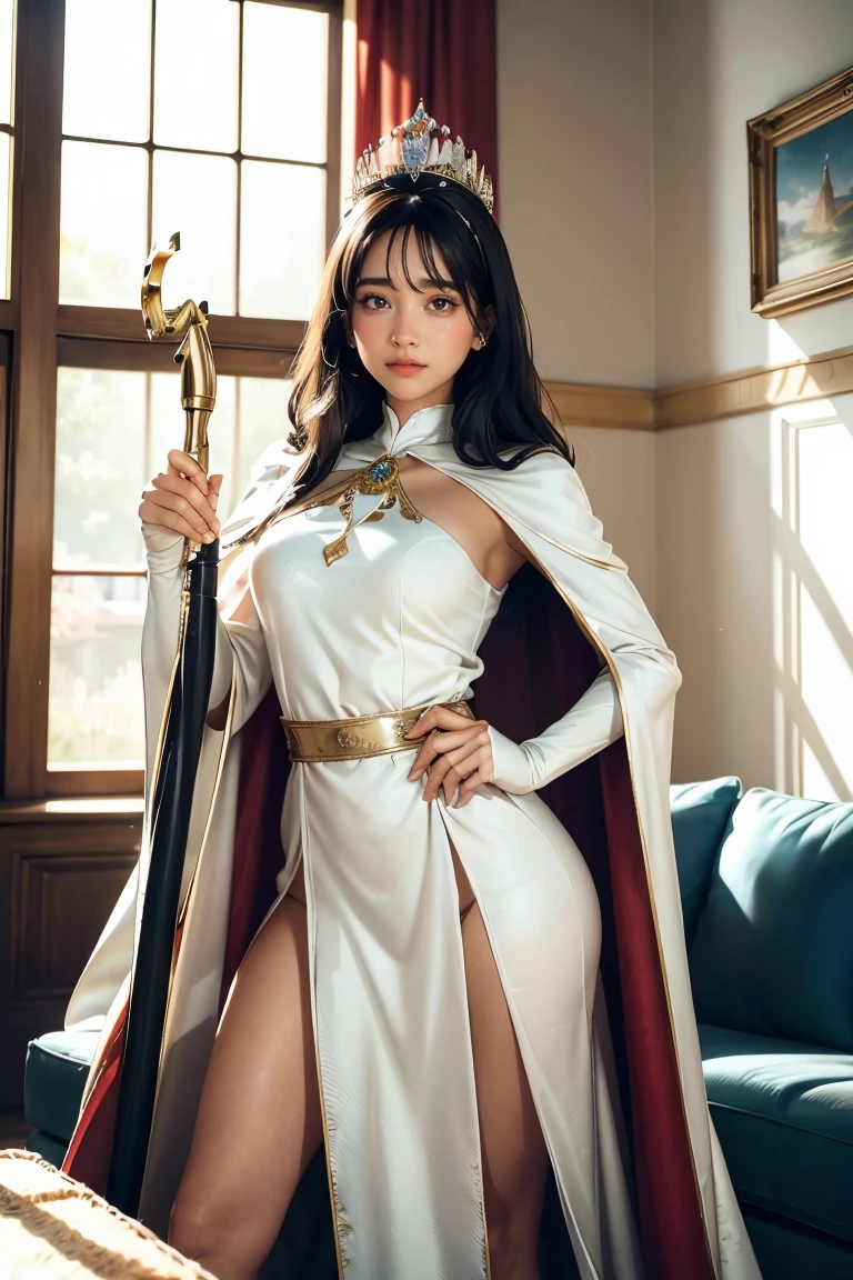best quality, masterpiece, high resolution, 1 girl,,Sexy red bikini underwear, Bikini with gold pattern, high cut briefs, perspective, Sci-fi style, Very large white priest's cloak, white priest hat, The priest's hat has intricate patterns, sexy dress, super huge , long hair, long legs, put on boots, standing posture, Facing the audience, hide hands, Korean woman beautiful face, Smiling role play