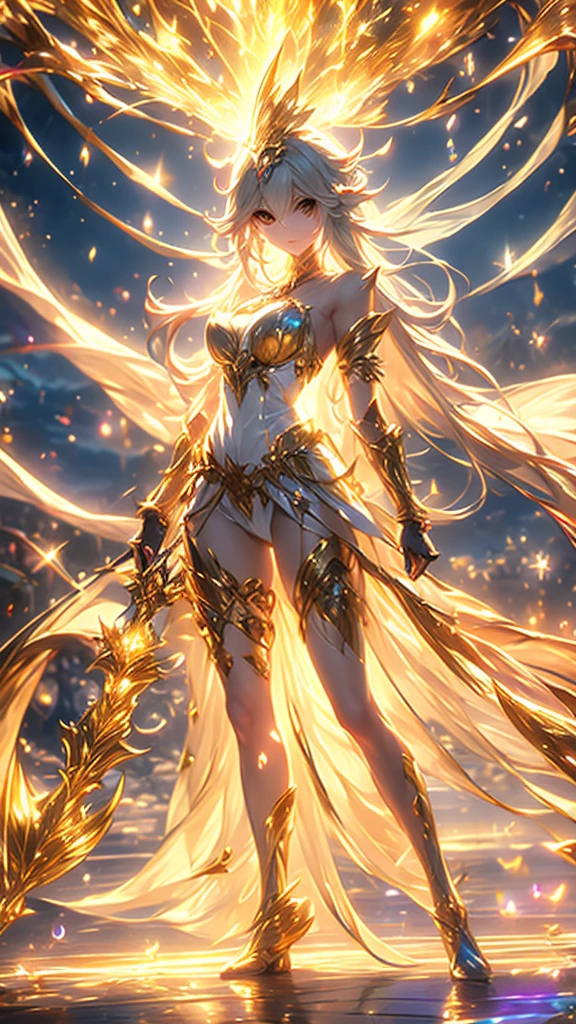 (artwork, highest quality, highest resolution, distinct_image, detailed details): (8K, 4K, best quality, High resolution: 1.2), artwork, Ultra-detailed, hyper details, cinematic Light, Alone, woman, long golden hair, (half naked: 1.4), clothes with futuristic details, queen, perfect body, thin waist, superiority pose, mature, perfect face, full body, looking at the viewer, detailed_background, full_body, dynamic_angle