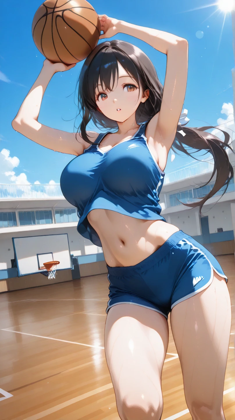 a girl on a yoga ball she likes it she has long brown hair (we back of her)