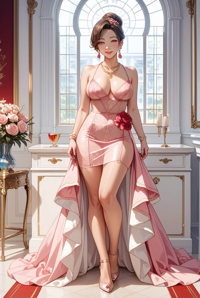 An extremely beautiful stunning woman with a perfect busty body, gold blonde long silky hair, big blue eyes, extremely super bright snow white fair stunning flawless glowing lush shiny flawless white skin, a perfect tight hourglass figure, and a skinny waist, sexy thick smooth luscious legs and thighs, extremely cute smile on the face, bright pink blushes on cheeks, wearing a short tight revealing white floral dress along, a pink sash around the waist and a brown off-shoulder sweater, yellow heels, gold necklace on the neck, gold anklets on feet, gold chain on the waist, standing straight, holding a red roses bouquet, street in the background, show full body from head to feet.