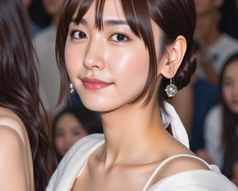 (masterpiece:1.5)、(Realistic:1.5)、(Highest quality:1.4、8K、RAW Photos)、 Ultra-high resolution、Professional Lighting、Perfect dynamic composition、Outdoor Shot、 Film Grain、chromatic aberration、(Bokeh:1.1)、 Frank、Sophisticated、charm、Surreal、High detail、Golden Ratio、 (1 Girl)、Slender girl、繊細でcharm女の子、Cute Woman:1.4、 Serious expression、Looking at the audience、Various poses、 Light brown hair、Shiny Hair、Hairstyle: ponytail、 Realistic looking skin、 shut up.、Beautiful Eyes、double eyelid、Thin arms、、 (majestic style, sophisticated and elegant, holy and mysterious:1.2),(wearing ball gown dress:1.2),