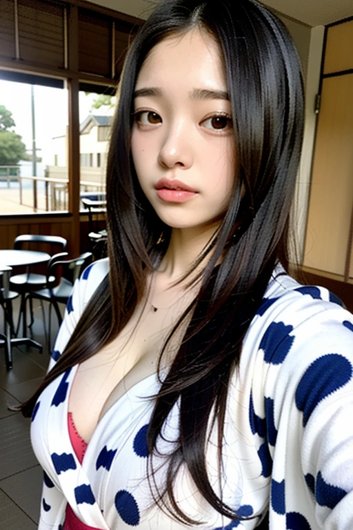 Long black hair、Cute Japanese Woman、Perfect Face、Sexy pose、Larger breasts