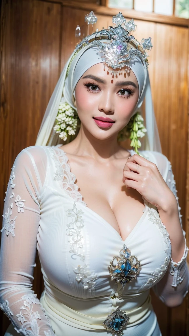(masterpiece), ((best high quality:1.0), (ultra highres:1.0), detailed illustration, 8k, ((highest detailed)), ((ultra realistic)), soft lighting, ((realistic face, realistic skin)), ((super high resolution)), extreme detailed, ((HD picture)), ((indonesian old mother with hijab)), ((gigantic breasts:1.5)), forward chest, busty body, tall, ((perfect beautiful face, thick lips, blush, Perfect round eyes, thin smile)), ((sexy panganten sunda)), full body, ((wedding hall background))