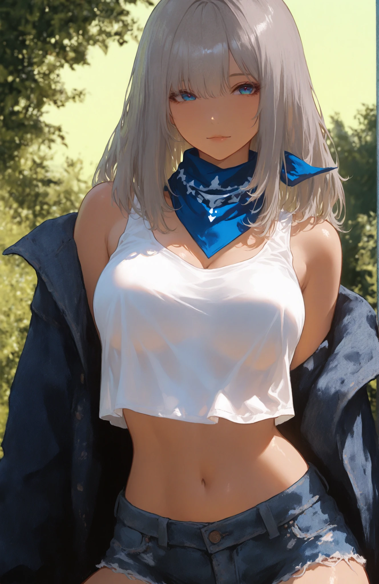 8k, highest quality, masterpiece, Wallpapers by Unity 8k, (One Girl) , 17 years old、1girl,、Small breasts、Short T-shirt、under boob、from below, blue sky、Outdoor