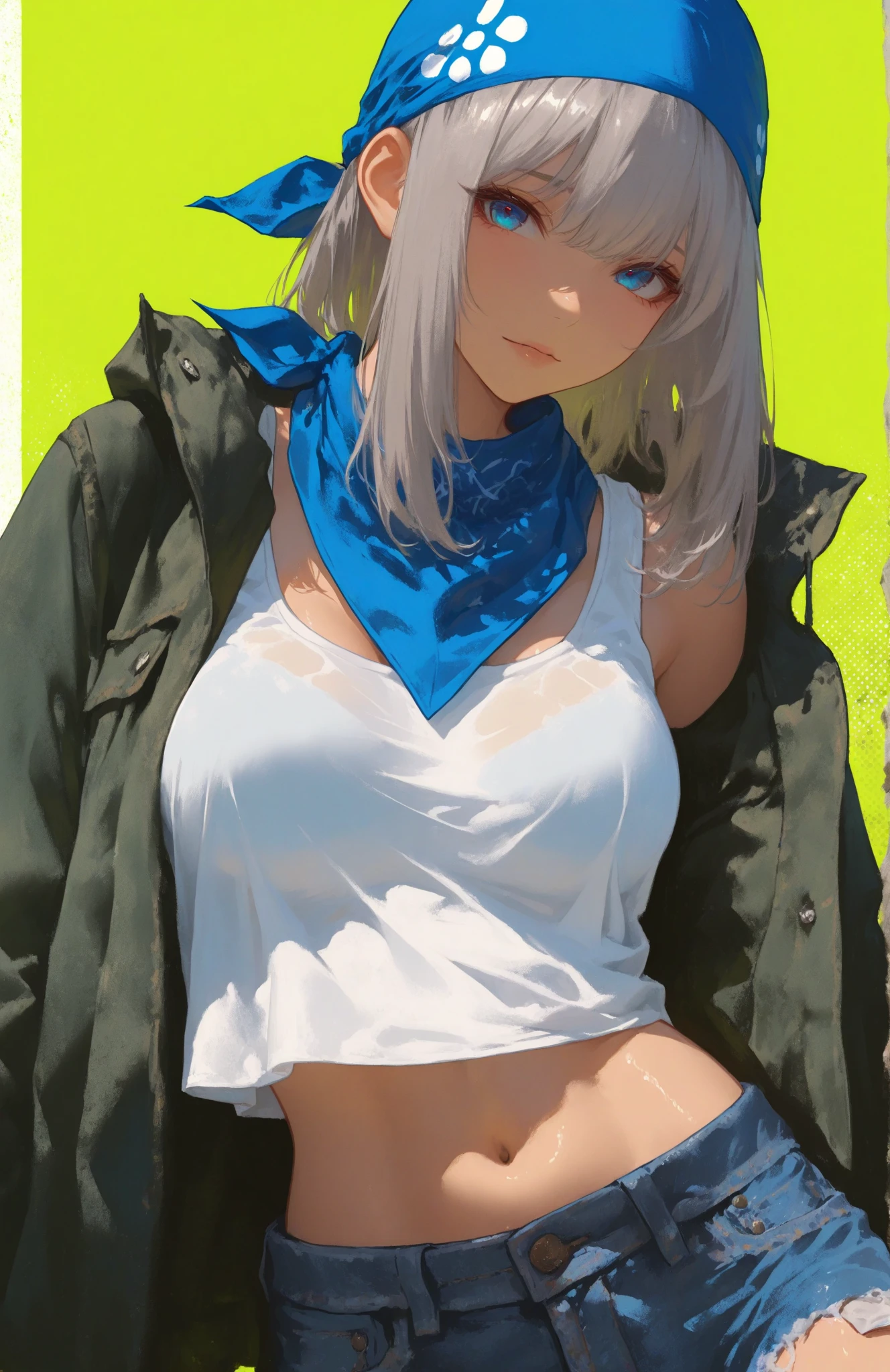 Masterpiece,Highest quality,8k,Ultra-high resolution,appropriate margins,lighting,BREAK,1 person,Very beautiful adult woman,Slim body,Very ample large breasts,Deep cleavage,Moisturized Skin,BREAK,White colored hair,mascara,Red eyeliner,Light pink lip,Thin teak,Thick upper eyelashes,Thin eyebrows,BREAK,Light blue eyes,BREAK,Cute expression,BREAK,Long Hair,Straight Hair,BREAK,(Tshirt),(Denim shorts),(Dark green military jacket),(Black tights),BREAK,belly button,Eye contact,Absolute area
