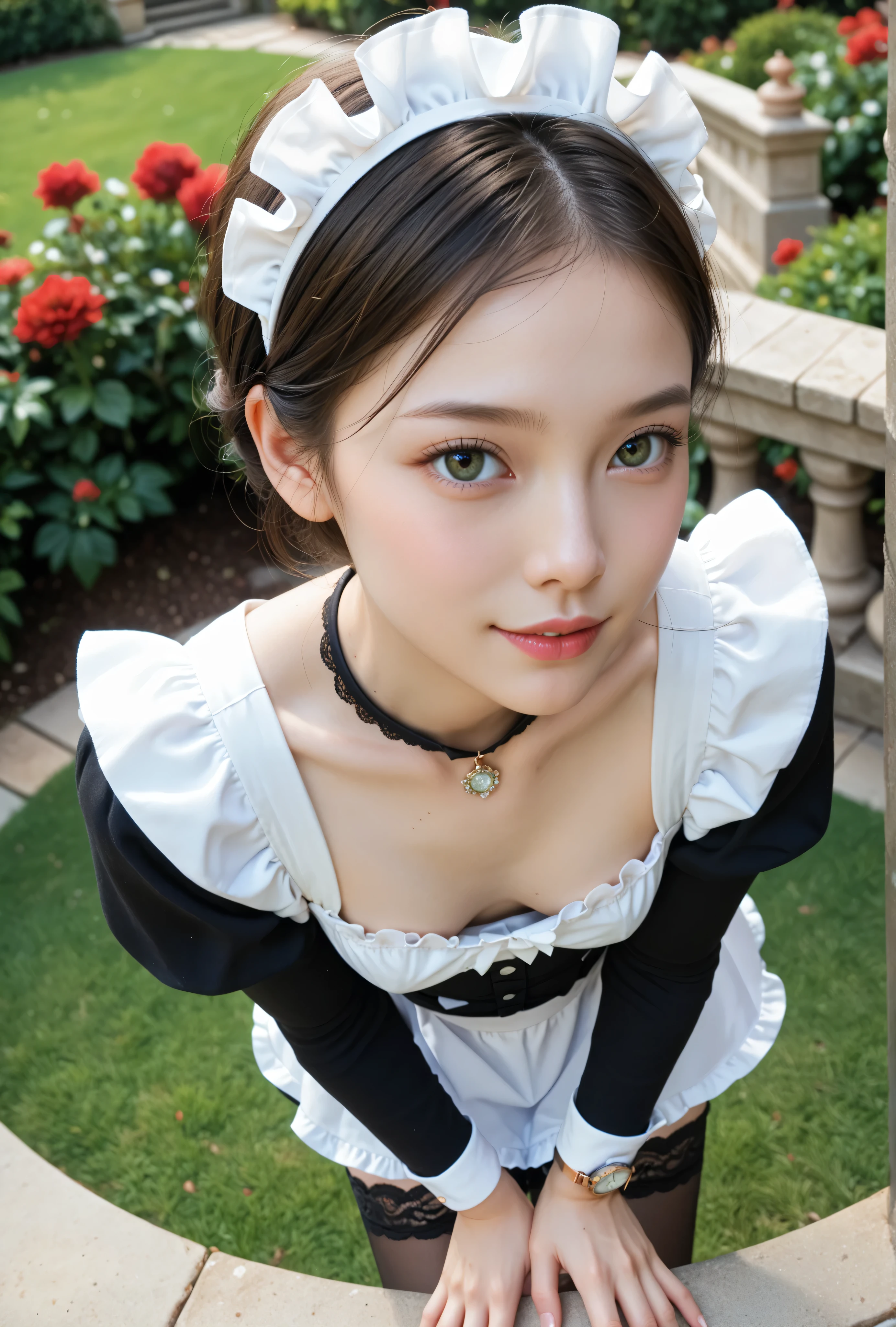 (1人の可愛いyounger)、Maid,I take care of a garden outside a traditional western house,Beautiful Girl Leaning Forward,black lace stockings,from above,viewers,(Smile Yang :0.33), (younger:0.96),(skinny:1.28),(Big breasts:0.61),Japanese