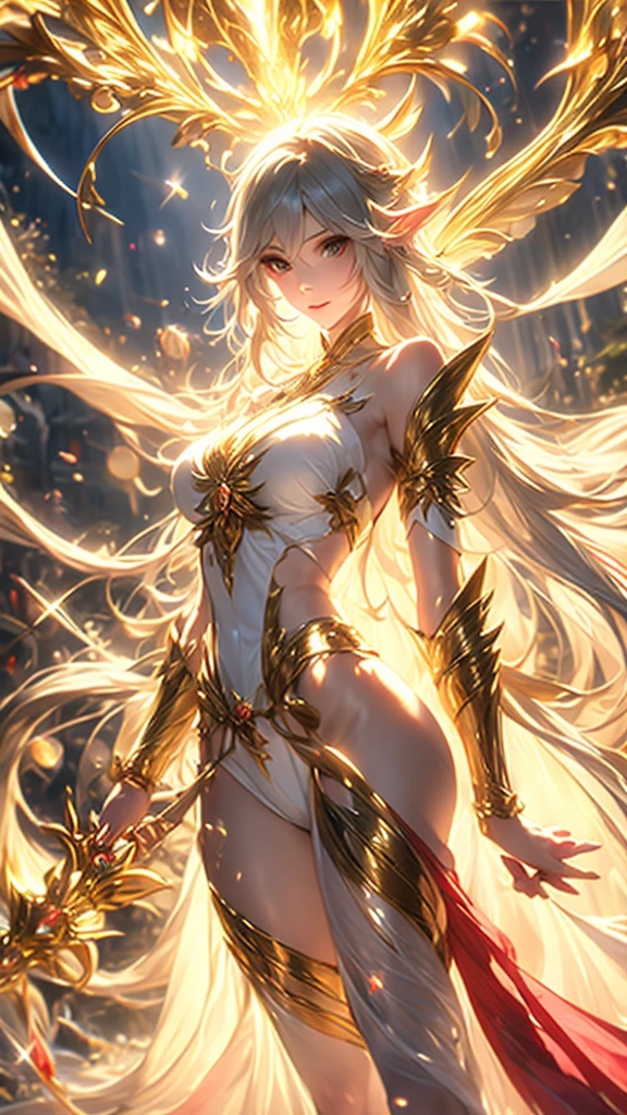 8K resolution, masterpiece, Highest quality, Award-winning works, unrealistic, From above, erotic, sole sexy lady, healthy shaped body, Anatomically accurate skeleton, 22 years old, black mage, 170cm tall, huge firm bouncing busts,, white silver long wavy hair, Detailed facial depictions, Break, Mysterious blue eyes, Standard nose, Eyeliner, pink lips, sexy long legs, Transparent and shiny skin, holy knight, Gothic ruffle long dress, A dress with a complex structure, Seven-colored colorful dress, Clothed in flames, royal coat of arms, elegant, Very detailed, Delicate depiction of hair, miniature painting, Digital Painting, artステーションコンセプトart, Smooth, Sharp focus, shape, artジャム、Greg Rutkowski、Alphonse Mucha、William Adolphe Bouguereau、art:Stephanie Law , Royal Jewel, nature, Symmetric, Greg Rutkowski, Charlie Bowwater, Unreal, Surreal, Dynamic Lighting, ファンタジーart, Complex colors, Buddhist Mandala, Colorful magic circle, flash, dynamic sexy poses, A kind smile, Mysterious Background, Aura, A gentle gaze, BREAK, Small faint lights and flying fireflies, night, lanthanum, 山の頂From above下界を見下ろす, Starry Sky, milky way, nebula, shooting star, Flowers, birds, wind and moon, (Back view, Looking back towards the camera:1.3), chant healing magic, A pillar of light stretching to the sky, Laser beam, Climb the stairs to heaven