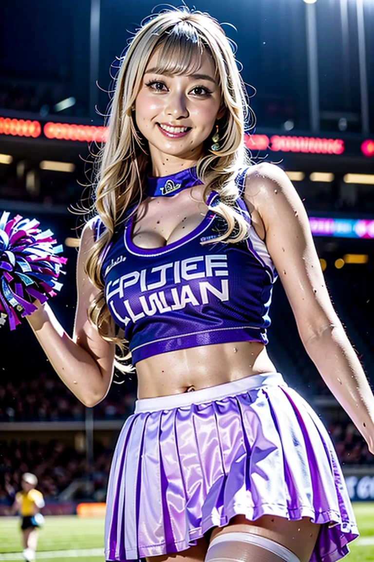 Rilee Marks (masterpiece, perfect eyes, photorealistic, intricate details, hi-res, 8k) portrait of girl standing at a basket ball game on court, soft even lighting, 20 years old, beautiful woman, looking at viewer, full body view, dark brown eyes, very pale blond hair,  ((shiny purple and silver skirt and shirt)), (dress as a cheerleader) . high thigh stockings with belts and garter, top shows  a nice cleavage, small perky breasts, sexy pose, (lots of ghetto tattoos all over her arms and legs and chest and stomach), wide hips, large thighs gap, very small shoulders, twintails, shy smile, red lipstick, shy smile,  navel piercing, jewelry, bracelets, Quick Catliner, cute eye liner, thin, red lipstick, she has freckles