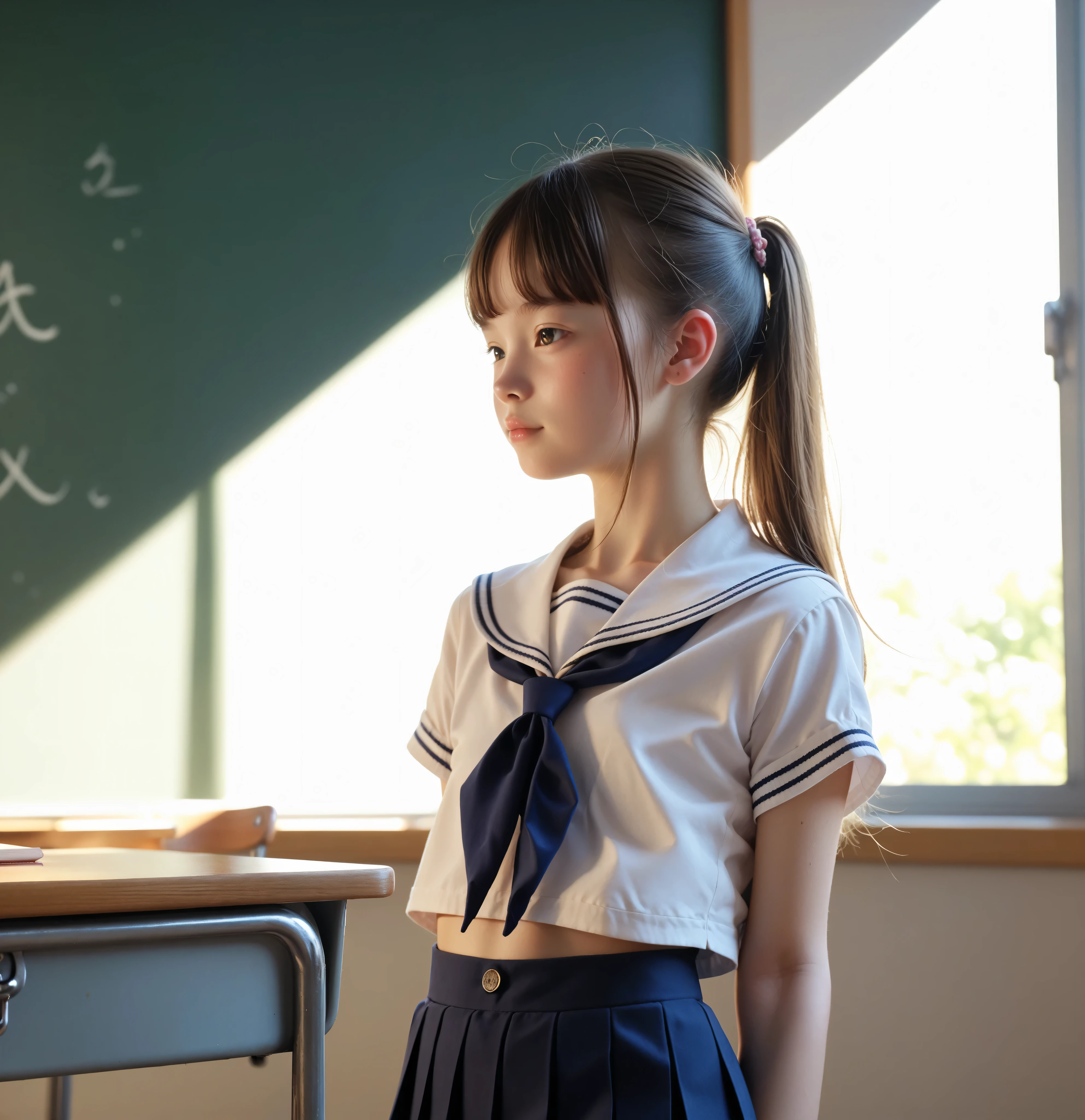 ( white skin:1.0),cute girl,かわいいyounger女の子,slender,short,skinny,slender,thin body,younger,score_7_ up,score_8_ up,score_9,realistic,school uniform,school classroom,ejaculation,small breasts,body,sunlight,Japanese,Beautiful Japanese junior high school student with shoulder,Nice,Niceids,young and pretty,younger,thin,thin body