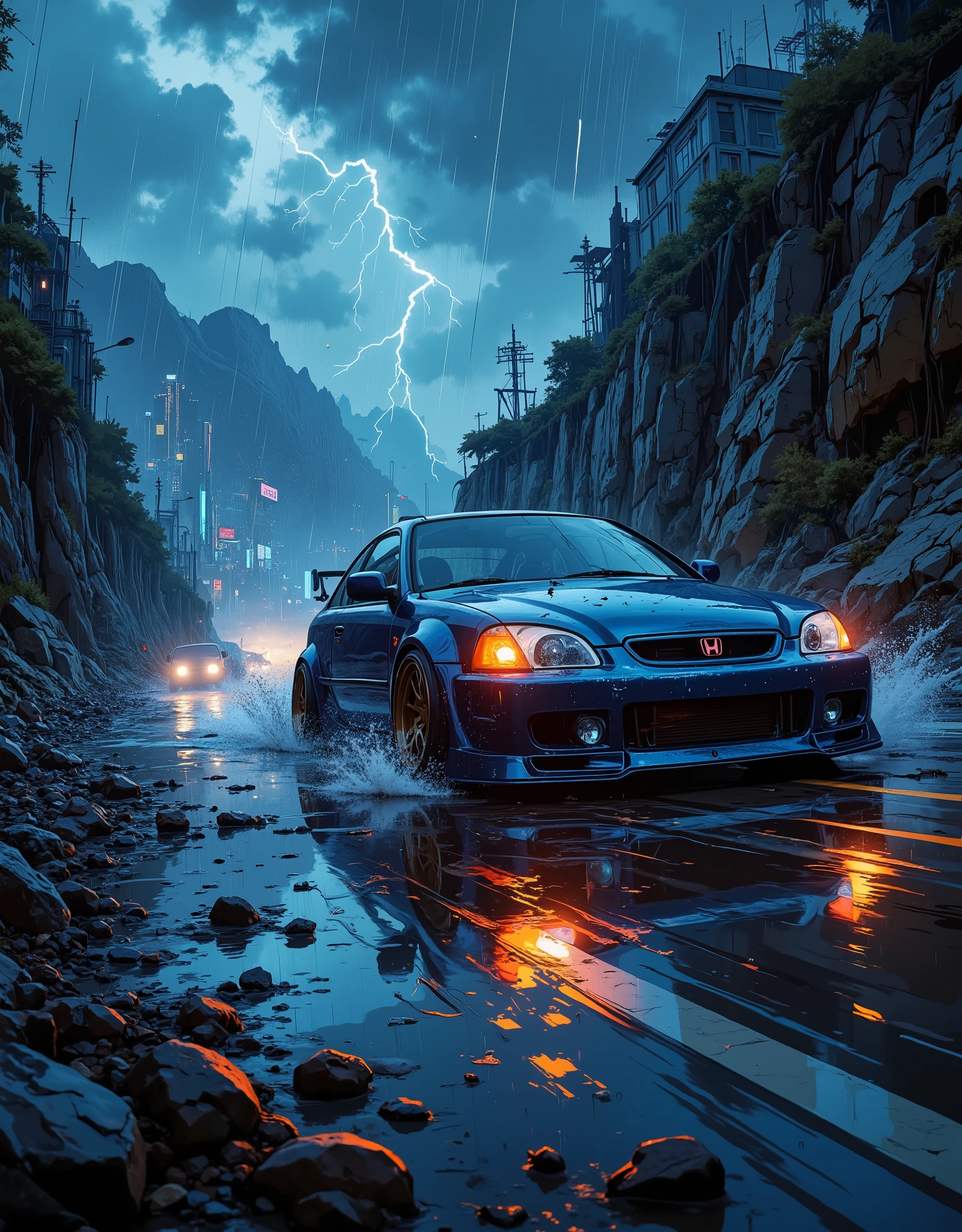 heavy rain, night, tuned 1998 Honda civic coupe, low suspension, sparkling, in color: RAL 5020 dark metallic Oceanic blue , heavy, wheels turned out, tires wide, tinted windows, male silhouette at the wheel, dynamic, in the middle of traffic, racing at top speed on a winding highway under torrential rain, on a sharp turn, on the verge of an accident due to rain, clouds of smoke from under the wheels, footprints on wet asphalt, twisted, wildly spinning wheels, wide tires, fiery discs, powerful headlights piercing torrents of rain, heavy downpour, lightning flashes, the reflection of lights on wet asphalt, the sea on one side of the road, the mountains on the other, the night sky, low blue clouds, clouds, continuous oblique streams of rain from the sky. sky, modern metropolis far away on the horizon, reflections in the night sky from city lights, glass, concrete skyscrapers, neon advertising, street racing atmosphere, danger, anxiety, power, speed, blur effect, linear angular perspective, color perspective, tonal perspective, bottom shot, animated digital art with high detail,