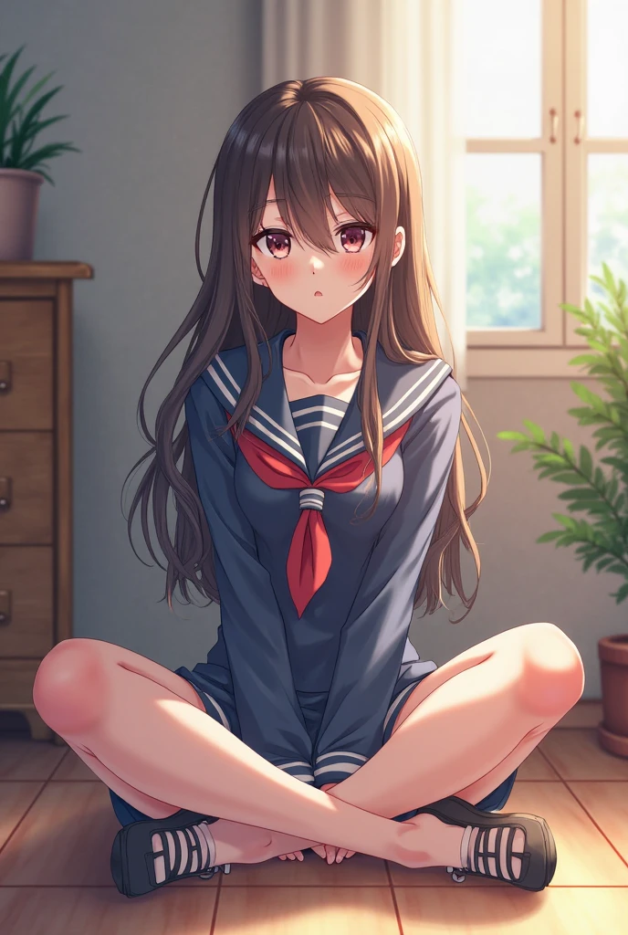 (((1girl))), ((best quality)), ((masterpiece)), ((ultra-detailed)), (illustration), (detailed light), (an extremely delicate and beautiful), (beautiful detailed eyes), (sunlight), ((extremely light)),
((((white and deep navy gym uniform)))),
school girl,
wavy long, (((dark brown hair))), (((long hair))),
(((deep orange eyes))),
((whole body)), aged 14 to 17,
diamond, beautiful, ((extra elegant)), (((condescending expression))), (sexually mischievous smile), (((extra adorable))), (((extra slender shape))),
squatting in the school gym,
(((extraordinarily thin thighs)))