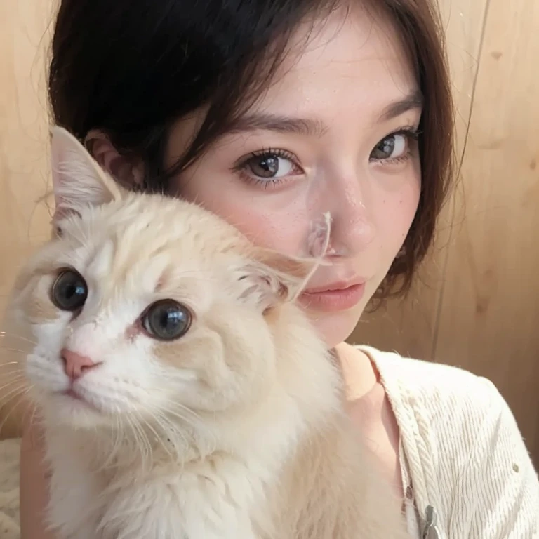 highres, 8k, absurdres, realistic, (Chartreux:1.3), 1girl, holding, (holding cat:1.4), (close up), (cn_girl:1.3), cleavage, (laced trimmed bra), lingerie, cat, animal, realistic, holding animal, jewelry, hair ornament, blurry, looking at viewer, brown hair, long hair, blurry background, brown eyes, depth of field, portrait,
<lora:Chartreux_v3-000010:0.55> , <lora:CN_Girl5-000012:0.35>