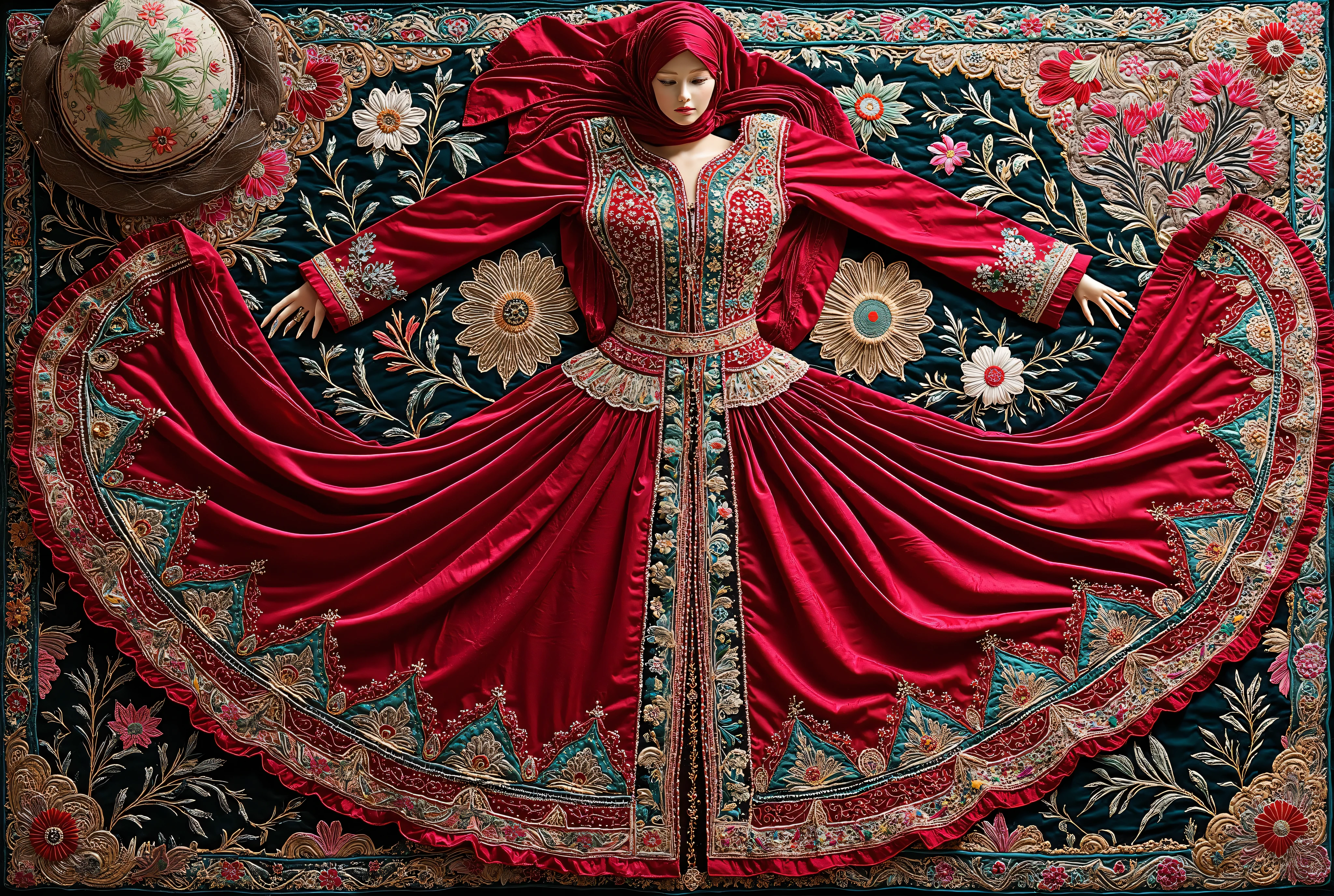 “A highly detailed, traditional Afghan Kochi dress for women, vibrant red and turquoise colors, hand-embroidered floral and geometric patterns, mirror work, flowing skirt, long sleeves, head scarf, photographed in soft daylight, on a mannequin or laying flat, realistic fabric texture, 8K resolution, culturally authentic