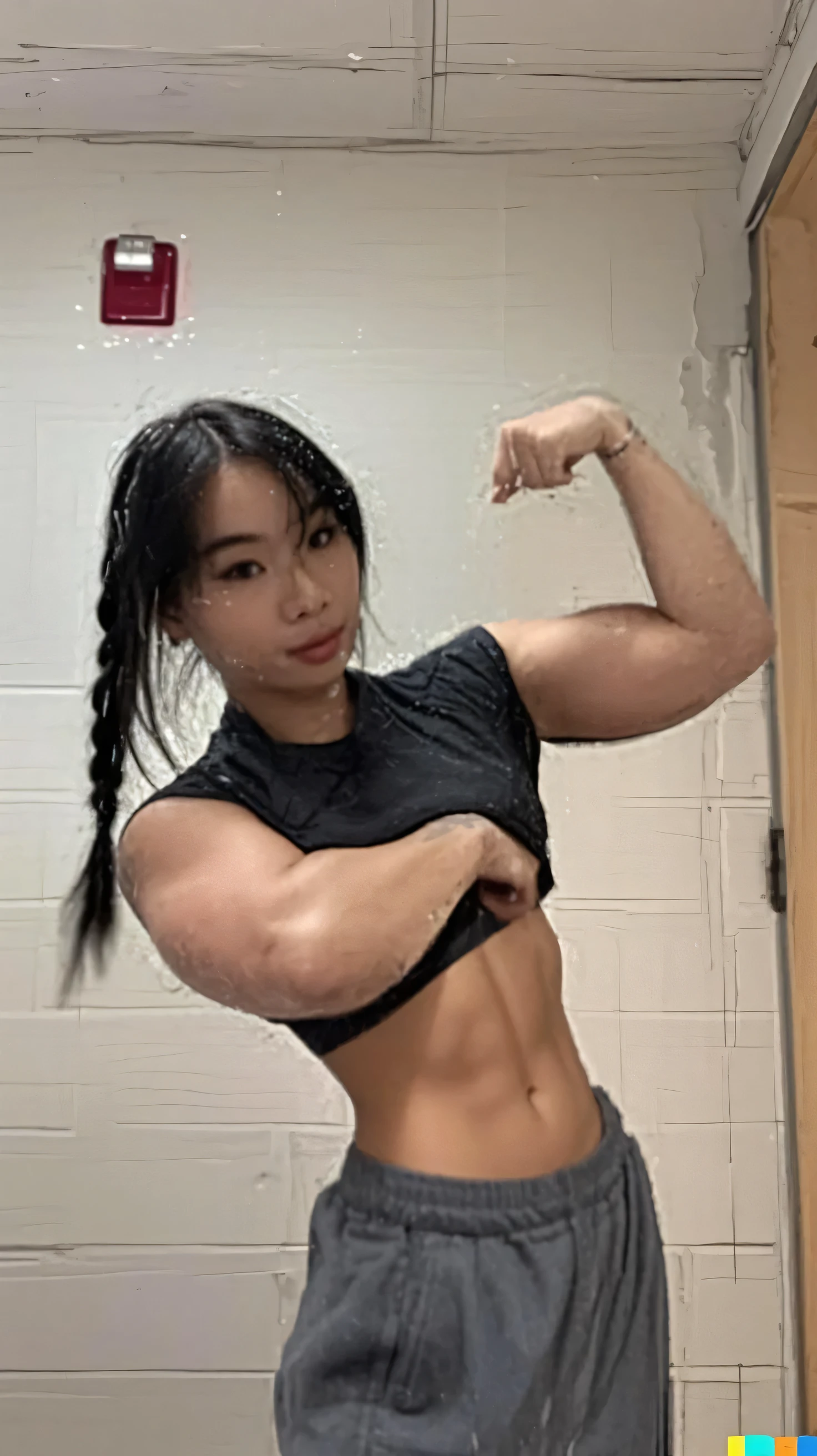 Beautiful gorgeous female asian bodybuilder, wide sexy tapered hips, toned sexy abs and waist, long toned sexy legs, fat tear drop shaped round ass, playful demeanor,gray bra, sexy squishy thighs, glasses, sexual display, erotic muscle flexing poses, standing tall and sexy, touching herself sensually, she is horny and sexually aroused and wants to be bred by the viewer, touching her nipples, touching her pussy, massaging her clit, she encourages the viewer to participate in masturbation with her, wants to breed,goth girl, goth makeup, multiple girls, group picture, lineup, harem, 6+girls