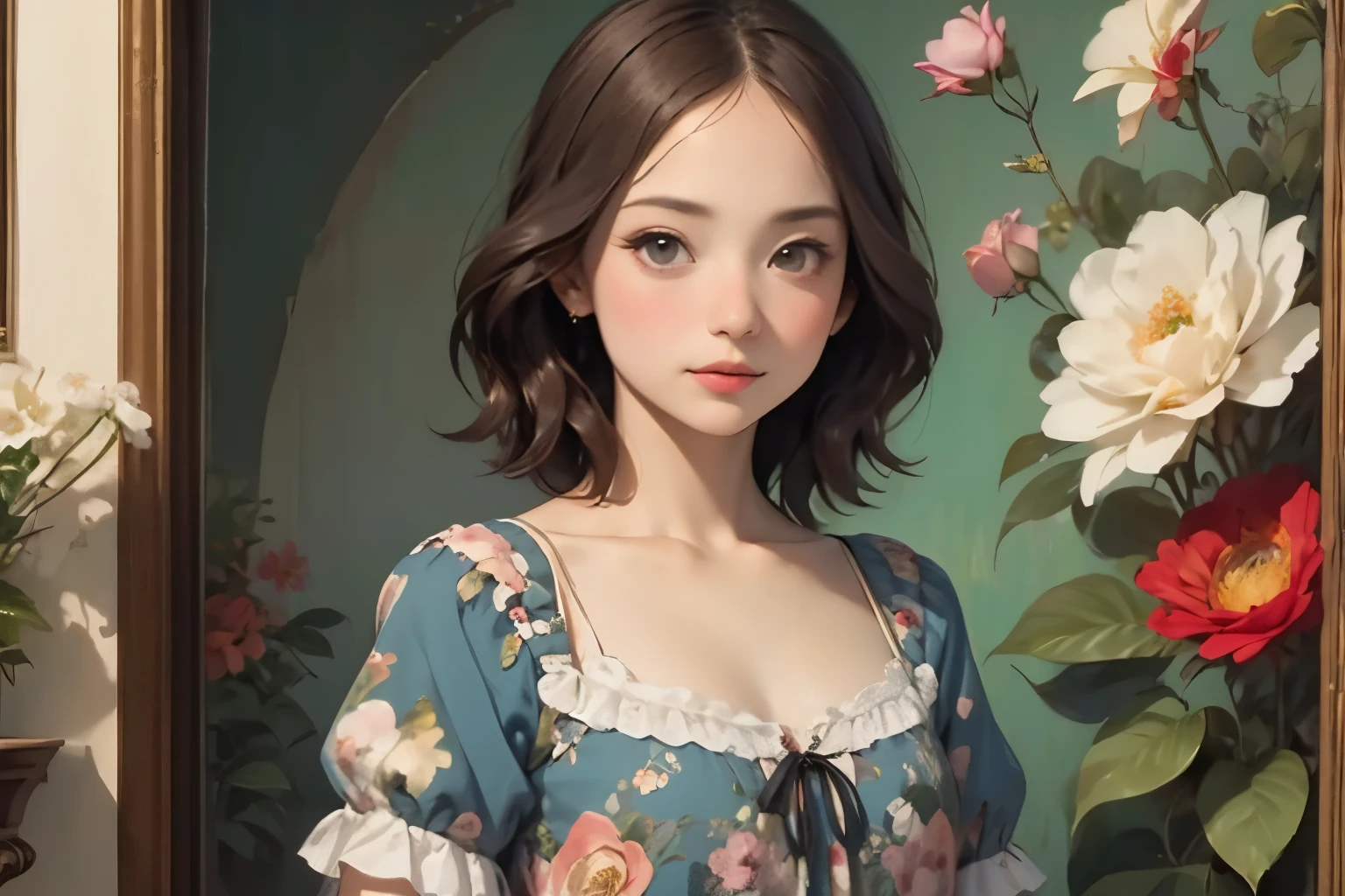 395 ((young woman)),(short hair),(Neat hair),(Ultra High Definition),(floral dress),(Leonardo da Vinci style paintings)