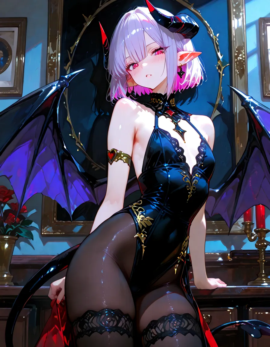 ((masterpiece,best quality)), 1girl, labrynth, , short hair, silver hair , fixed eyes , horn, no underwear, expensive high heel, sitting, from below, smile,  legs crossed, hand on chin
