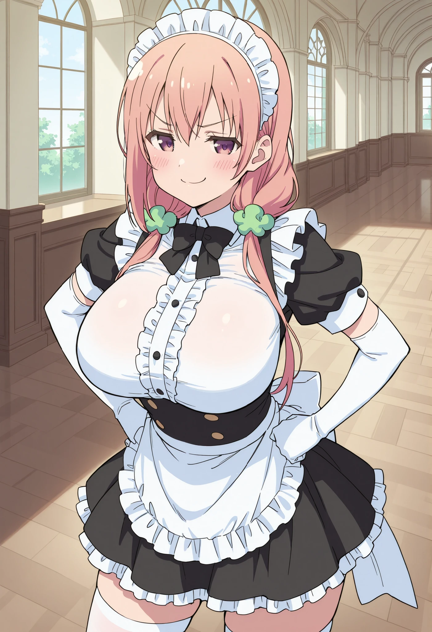 Anime illustration Plump body Woman in maid uniform English garden Delicate embroidery Bright sunlight Fantasy Archaic smile Sparkling eyes、Colossal tits、Close-up of people、超A high resolution、Anatomically correct human body