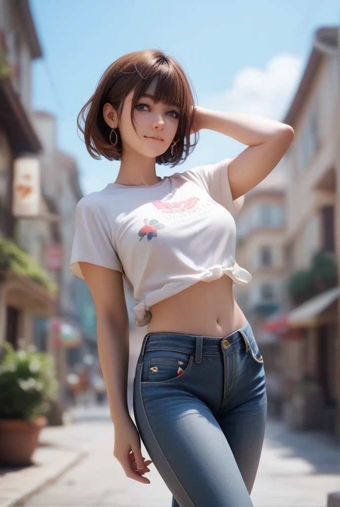 (ultra realistic,32k, masterpiece:1.2),(high detailed skin:1.1),( high quality:1.1),
mature, adult,<lora:add_detail:0.85>,
(standing, looking at viewer:1.1),
(volumetric lighting:1.1), ,blurry background, 
BREAK <lora:uraraka_ochako:0.7>ochako uraraka, brown hair,brown eyes, short hair(makeup, mascara:0.9), (thick\lips\),, ,   BREAK white (tight smooth:1.1) long shirt,short sleeves, covered,(huge breast:0.5),BREAK white denim skirt