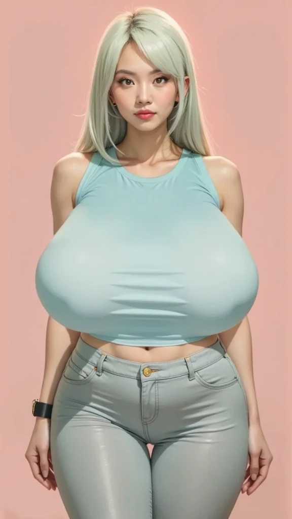 21 years old woman with gray eyes, white long hair, yellow low-cut top, short denim, big tits, big legs,