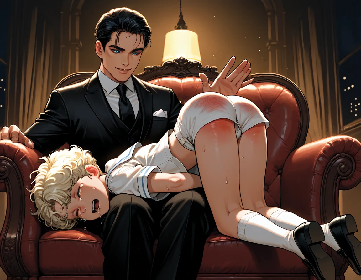 1 boy and 1 girl. The boy is standing, standing, completamente now ((now.)) A garota está on your knees in front do garoto dando blow job pra ele, on your knees in front, ((blow job,)) with your hands tied behind your back, ahegao. In a room, at night.