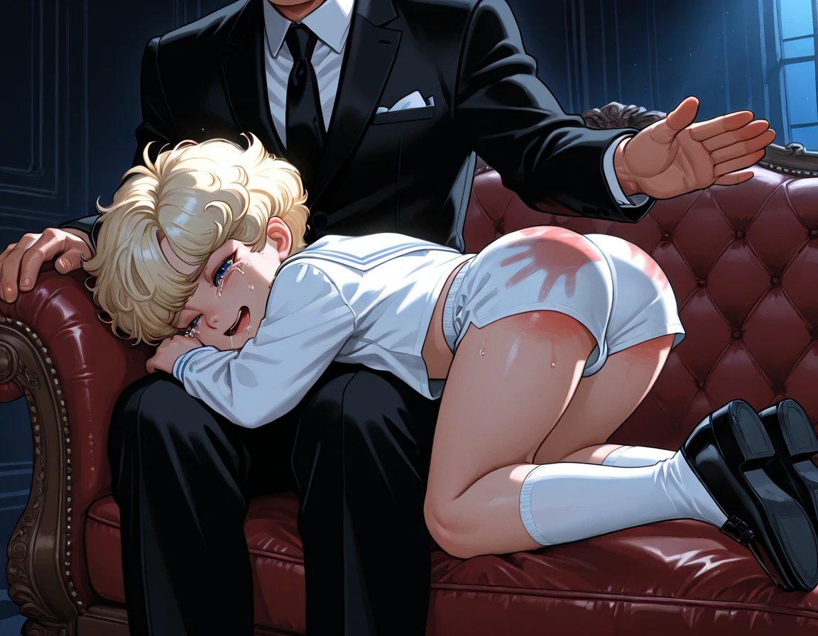 (((A sexy blond young adult male blushing and as he is getting spanked))), NSFW, hentai, pubic hair, ((red spanked butt)), butt focus,