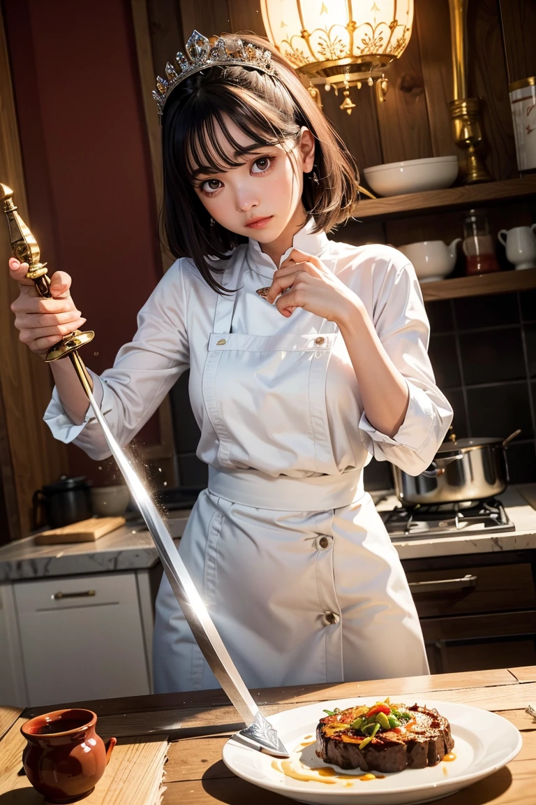 ((Masterpiece)), (best quality), (very detailed), ((very detailed)), 4k, (8k), girl in a red dress holding a knife and a bowl, a picture by Jin Homura, pixiv contest winner, conceptual art, touhou character, from touhou, artistic render of reimu hakurei, reimu hakurei, touhou, touhou project, touhou project official artwork, portait moe artstyle,realistic cloth,realistic skin,realistic photo