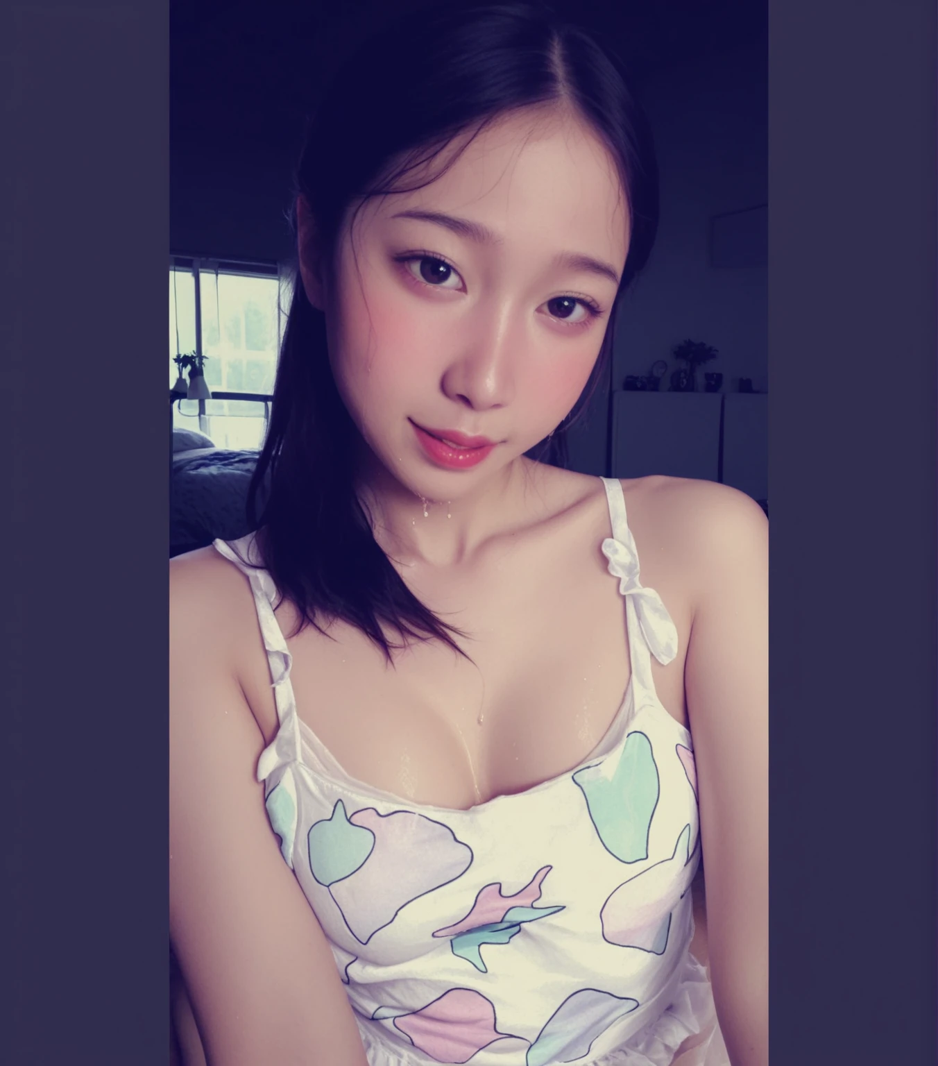 ollarbone,pastel colors t-shirt,off-shoulder look,bare shoulder,midriff peek,Denim mini skirt,open mouth,(tongue out:2),lying,Selfie,looking ahead,from above,front view,cowboy shot,(1girl,Beautiful 14 year old girl),((Slender,Small breasts,Small face,)),looking at viewer,Black Hair,bangs,one side up,Beautiful and detailed,Mischievous smile,Dimly lit room,Simple Background,bed,pillow,best quality,Brilliant Quality
