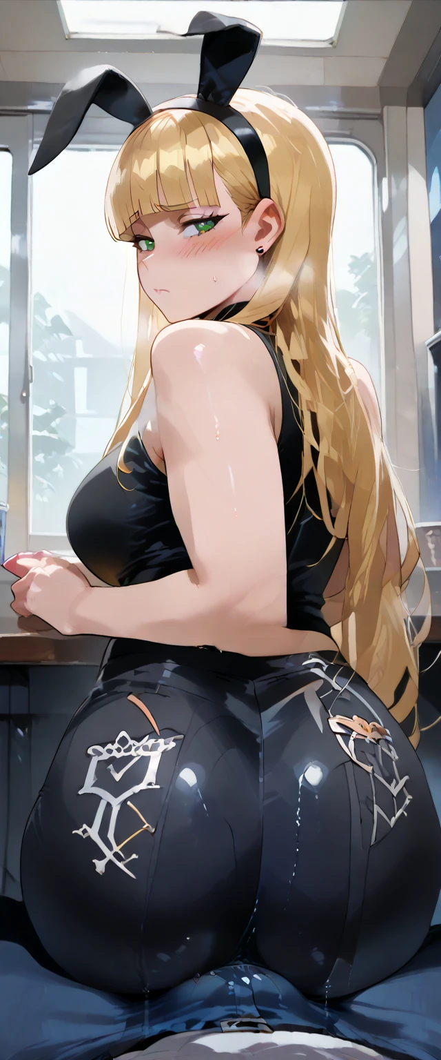 ultra-detailed、highest quality、Highest image quality、master piece、8K、blonde curly hair、(SFW huge body)、(((Rear view)))、cowboy shot