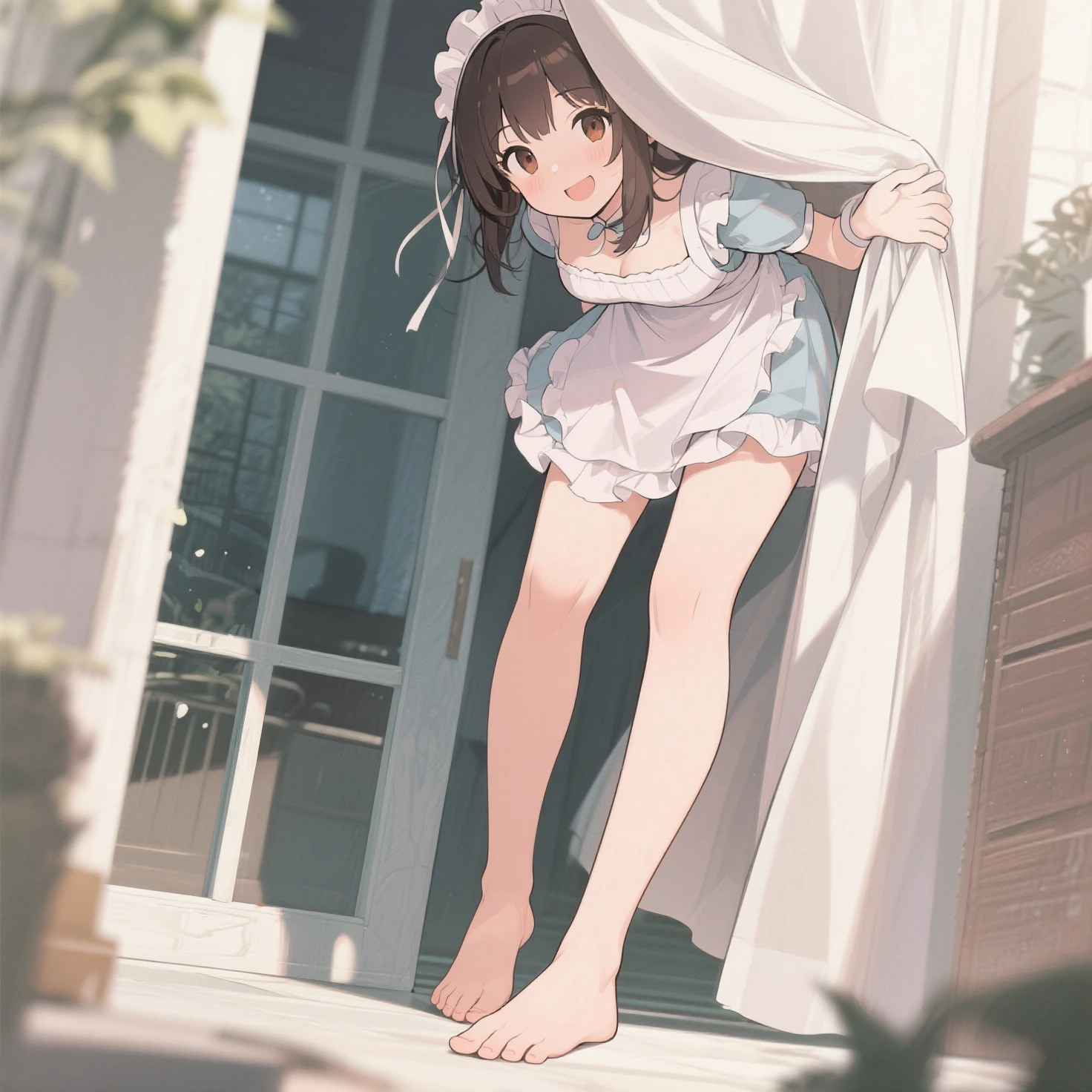masterpiece, Highest quality, High resolution, Gloria1, 1 Girl, Gloria\(Pokémon\), Brown Hair, , Brown Eyes, , Short Hair, , Bobcut, bangs, , 　１Describe a girl carefully　１Girl　Expression in love　blush　Open Mouth　blush　church　Wedding dress（mini skirt）　