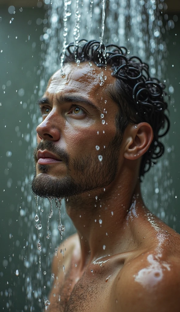 Behold a fashion editorial photo shoot featuring a photogenic and charming young male supermodel, 18-2 mixed of Latino and Japanese, a symmetric young face adorned with natural blemishes and freckles, he boasts short salver hair, and a natural olive skin tone that embodies youthful, stands confidently under a rain, emphasizing the texture and sensuality of the skin, dripped water across his body creating glistening lines that highlight the model's muscular definition. Inspired by erotic photography of artists like Terry Richardson, this image blends elements of both fashion and fine art. posture is powerful and confident, full naked body, sexy pecs, (flaccid cock). His skin appears and slightly sweat, enhancing the sheen and highlighting the play of light on his defined body, smooth skin, The lighting is warm and direct, likely from a strong artificial source such as a studio soft-box, casting an even glow across the skin while creating minimal shadows to enhance the reflective quality of the water. The background is simple and neutral, ensuring all attention is focused on the model’s body and the intriguing textures created by the liquid cascading over his body. The atmosphere is both sensual and bold, giving off a sense of both allure and strength, as the contrast between the soft flowing liquid and the male body structure plays against each other beautifully, NSFW, naked man by Steven Klein, naked body, ensuring the focus remains on the details of the skin and the liquid. A macro or medium-range lens (such as an 85mm) would work well to capture this level of detail, ensuring the model's skin textures and the fluid's glossy trails are in sharp focus while keeping the image tight and visually striking. The inspiration for this type of image draws from the desire to mix the erotic with the artistic, capturing moments that celebrate the human form in a sensual, intimate, yet powerful way. focusing on details such as the interplay of light, texture, and composition.
