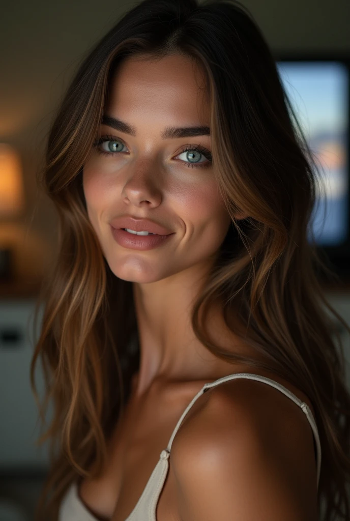 selfie, clin d&#39;œil, jolie femme au visage de bébé, expression attrayante et séduisante, Timide, Cheveux brun, front, se maquiller, yeux bruns, proportion corporelle superlative, , portant une chemise , pantalon jean moulant, Bottes d&#39;ingénieur, Artistique, Hyper, art numérique graphique pas trop TATOUE ou on la voit en entier dans la nature de dos