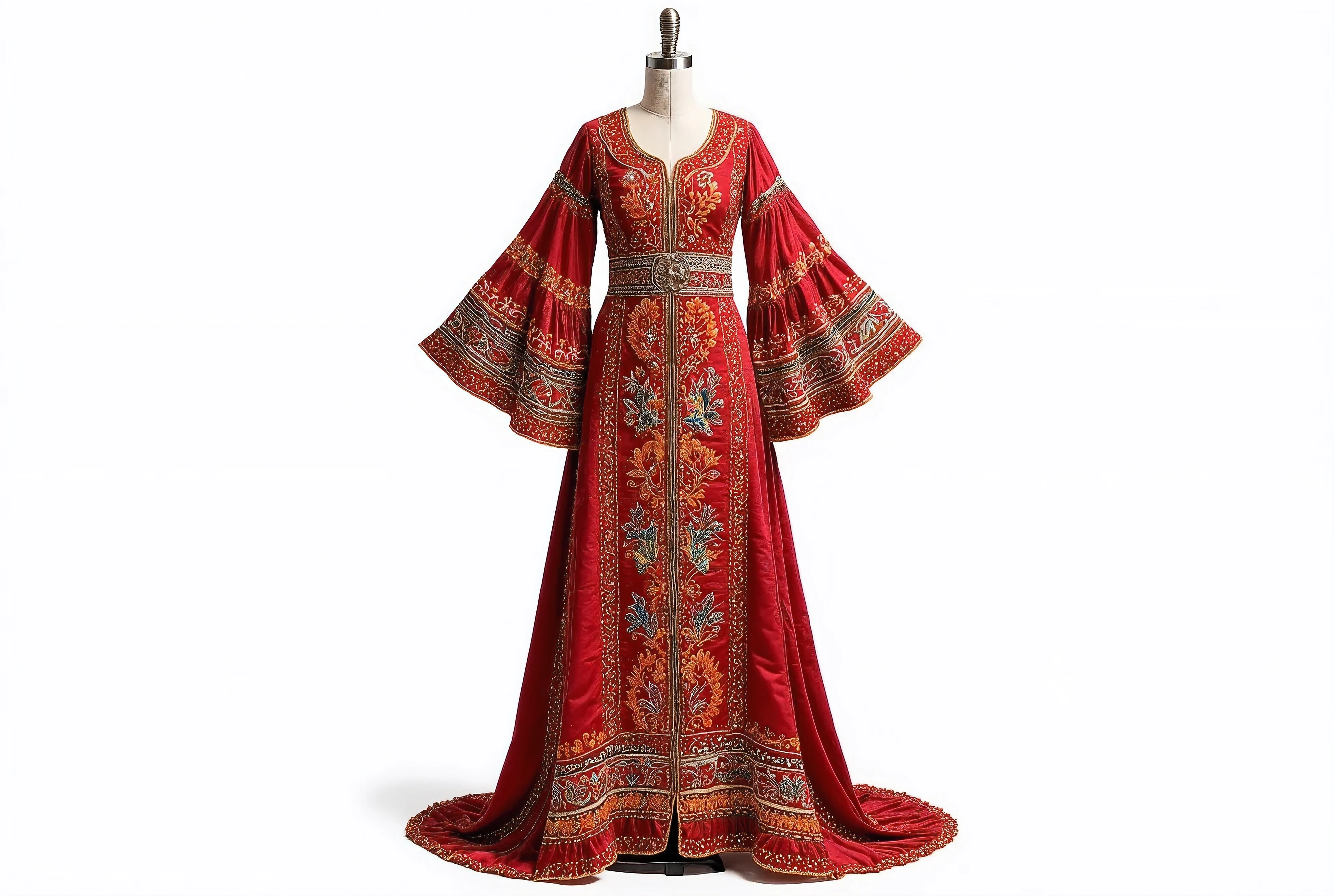 Traditional Afghan Kochi dress displayed on a mannequin, full-length view, detailed embroidery in red, orange, and gold, bell sleeves and flowing skirt, mirror work accents, white studio background, sharp lighting, vertical 2:3, fashion catalog style
