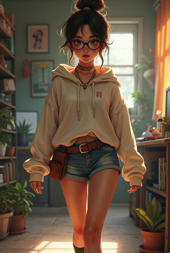 (1girl, solo, alone), (WakatsukiRisa, Sarada Uchiha, black hair, short hair, black eyes, red glasses), ((solo, (1woman, pink lipstick, small breasts, black eyes), Extremely detailed, ambient soft lighting, 4k, perfect eyes, a perfect face, perfect lighting, a 1girl)), austere, ((moletom vermelho, moletom com detalhes pretos, Black pants, bota de cano alto, bota, bota com fivelas, loja de games, fliperama, video games, casa de jogos))