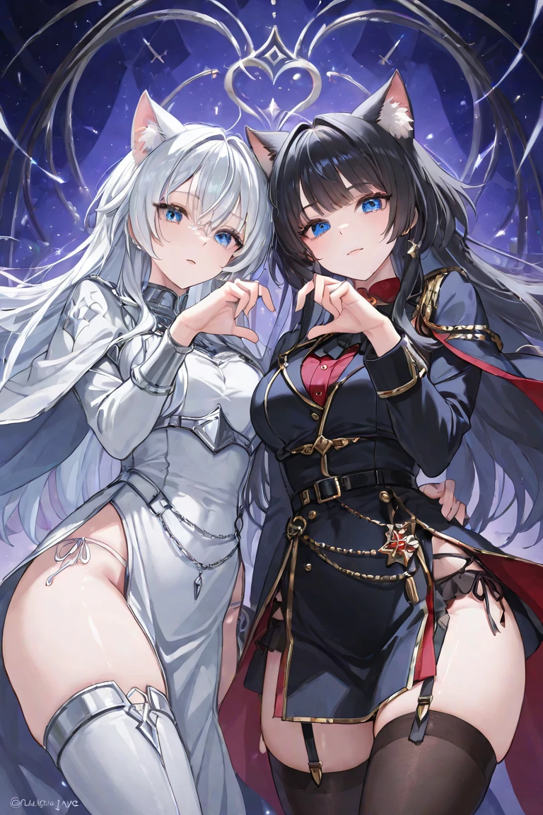 2 girls, female, sfw, medium shot, silver hair, long straight hair, blue eyes, fox ears, multiple tails, fox tails, Victorian dress, cleavage, mansion, crossed legs, warm smile, huge breasts, sitting, velvet couch, chandelier, western dress, small breasts, sisters, reading together, close up, shoulder to shoulder