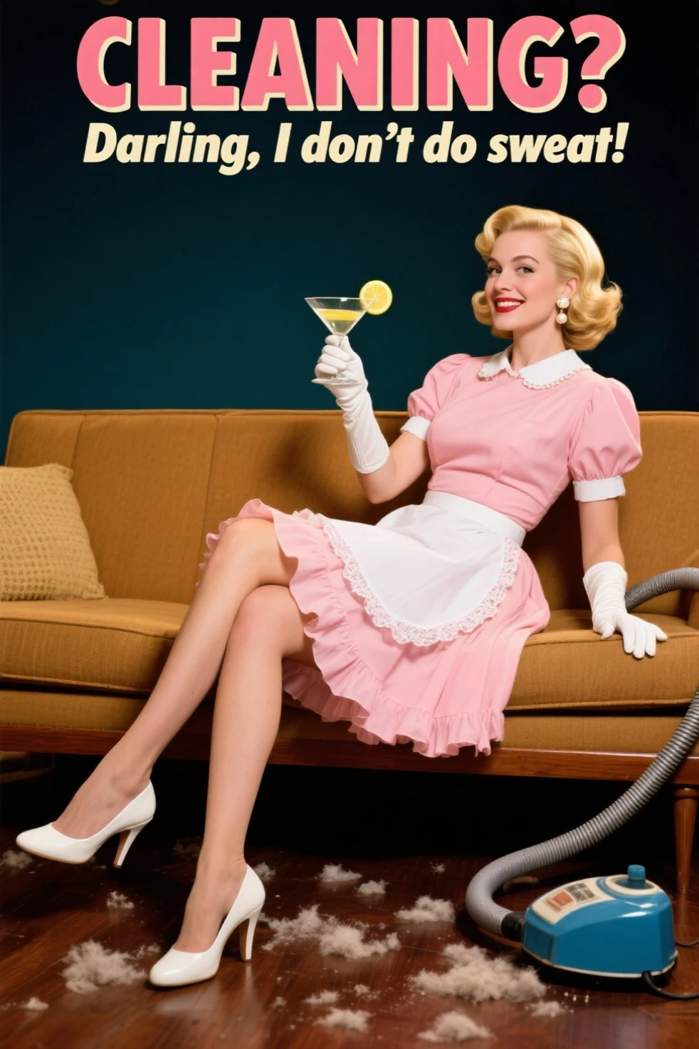 A glamorous 1950s-style housewife lounging sideways on a mid-century tan couch, right leg elegantly crossed over the left, showing off smooth legs and white high heels. She's holding a martini with a lemon garnish in her gloved right hand, striking a confident smirk. Her blonde retro-curled bob hair is glossy and perfectly styled, adorned with pearl earrings. She wears a pastel pink frilly dress with a white apron, short puffed sleeves, and a cinched waist. Long white gloves add to her posh appearance. On the floor are scattered tufts of dust and a blue vintage vacuum cleaner hose extending beside her. Bold vintage text above: "CLEANING? Darling, I don't do sweat!", scene lit in warm studio lighting with a cheeky, exaggerated 1950s poster vibe. The setting is comedic and theatrical, highlighting domestic satire.